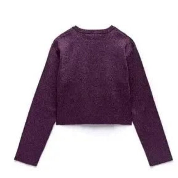Zara Metallic Shimmer Purple Cropped Velvet Buttons Long Sleeve Cardigan Small - Picture 4 of 16